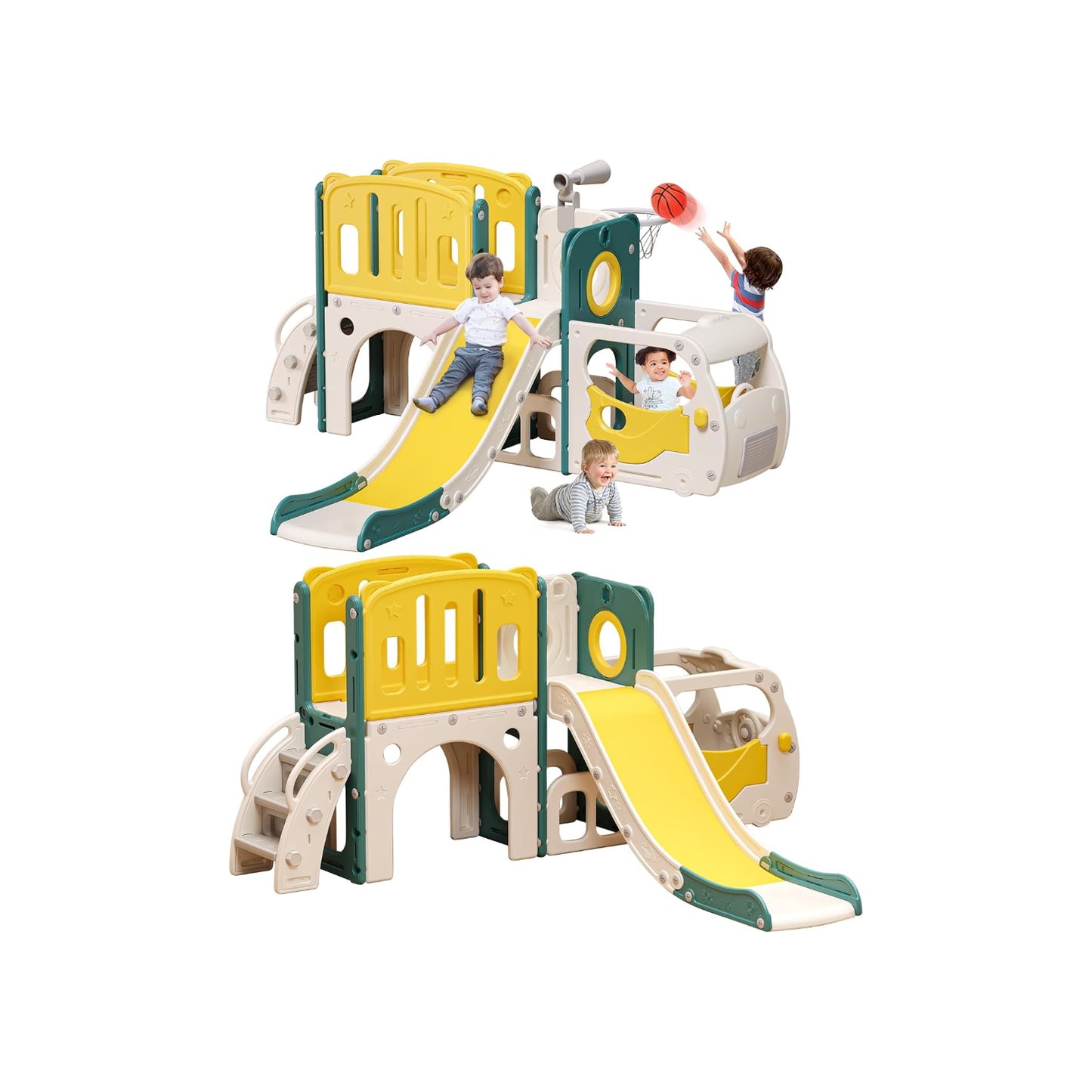 SL Toddler Slide Kids Slide Playset for Babies Bus Themed Toddler Playground with Climber Baskteball Hoop Indoor Playground Outdoor