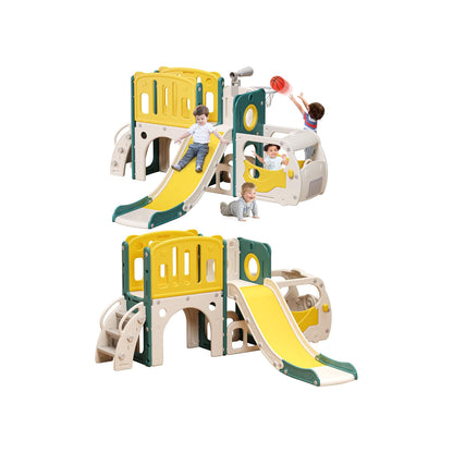 SL Toddler Slide Kids Slide Playset for Babies Bus Themed Toddler Playground with Climber Baskteball Hoop Indoor Playground Outdoor